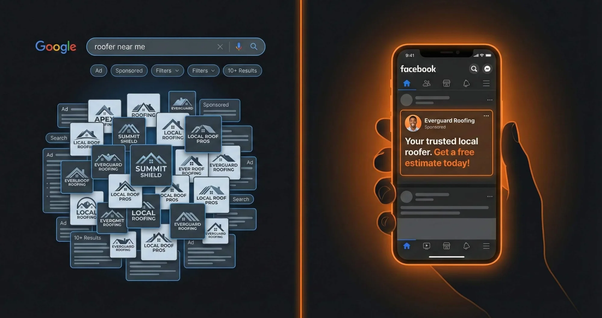Google search showing 10+ competing roofer ads versus Facebook showing single focused ad with orange glow