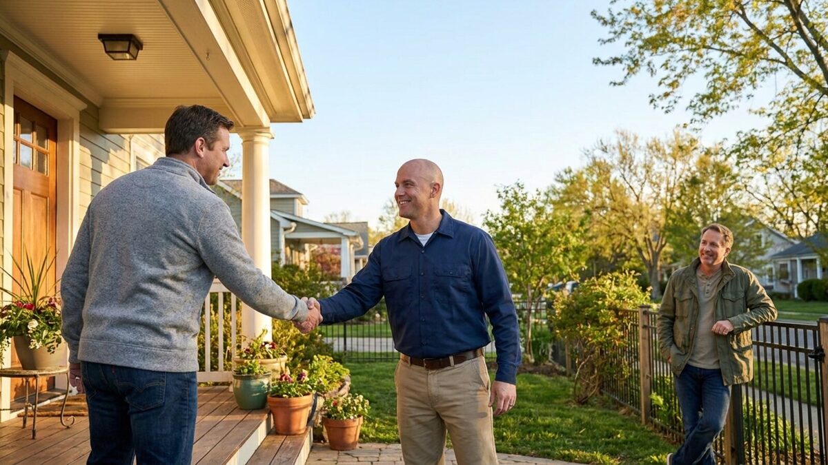 Contractor shaking hands with a homeowner on a front porch while a neighbor watches from the next yard in a suburban neighborhood at golden hour