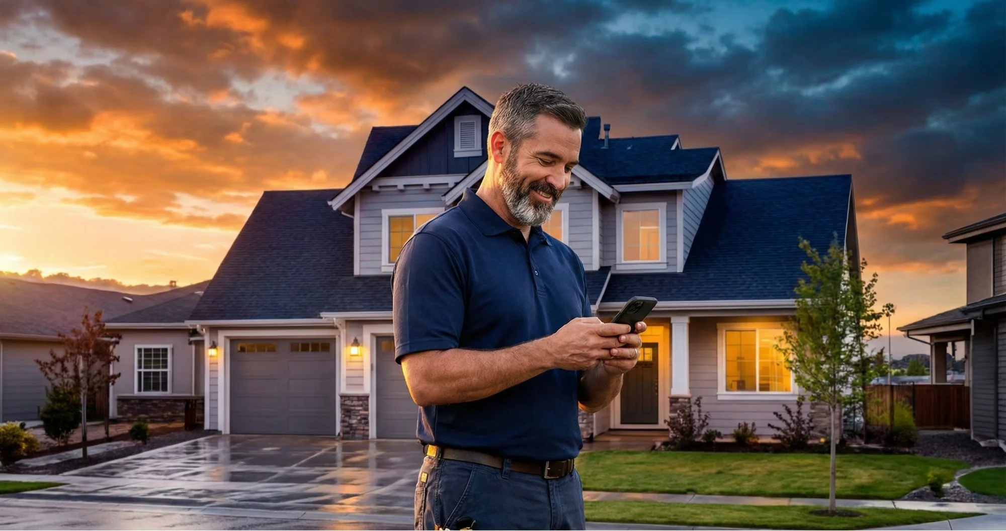 Contractor business owner checking phone for leads in front of residential home at sunset
