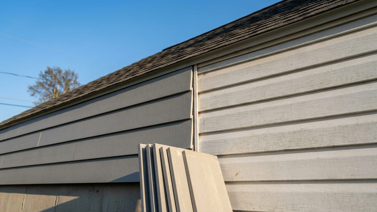 Exterior house corner where new fiber cement lap siding meets older vinyl siding, crisp shadow lines along the courses, a stack of siding planks leaning against the wall below, clear blue sky above the roofline