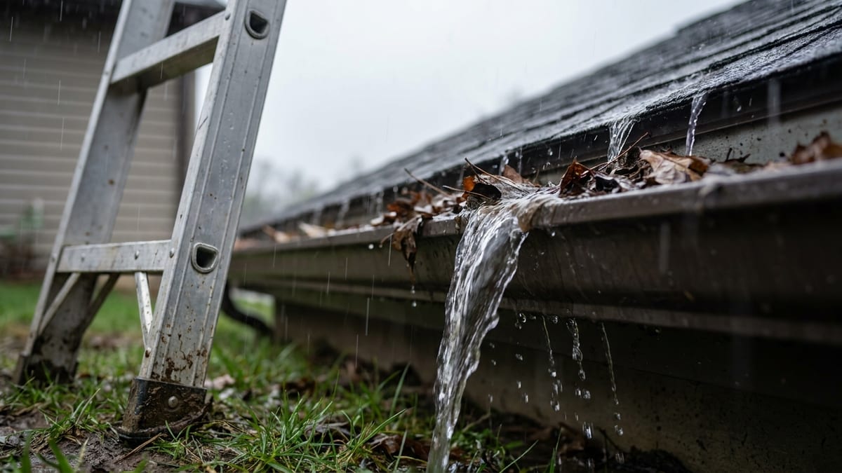 Close-up of a home's roofline in steady rain with water sheeting over the front edge of an aluminum gutter packed with wet leaves, an extension ladder foot planted in the grass below