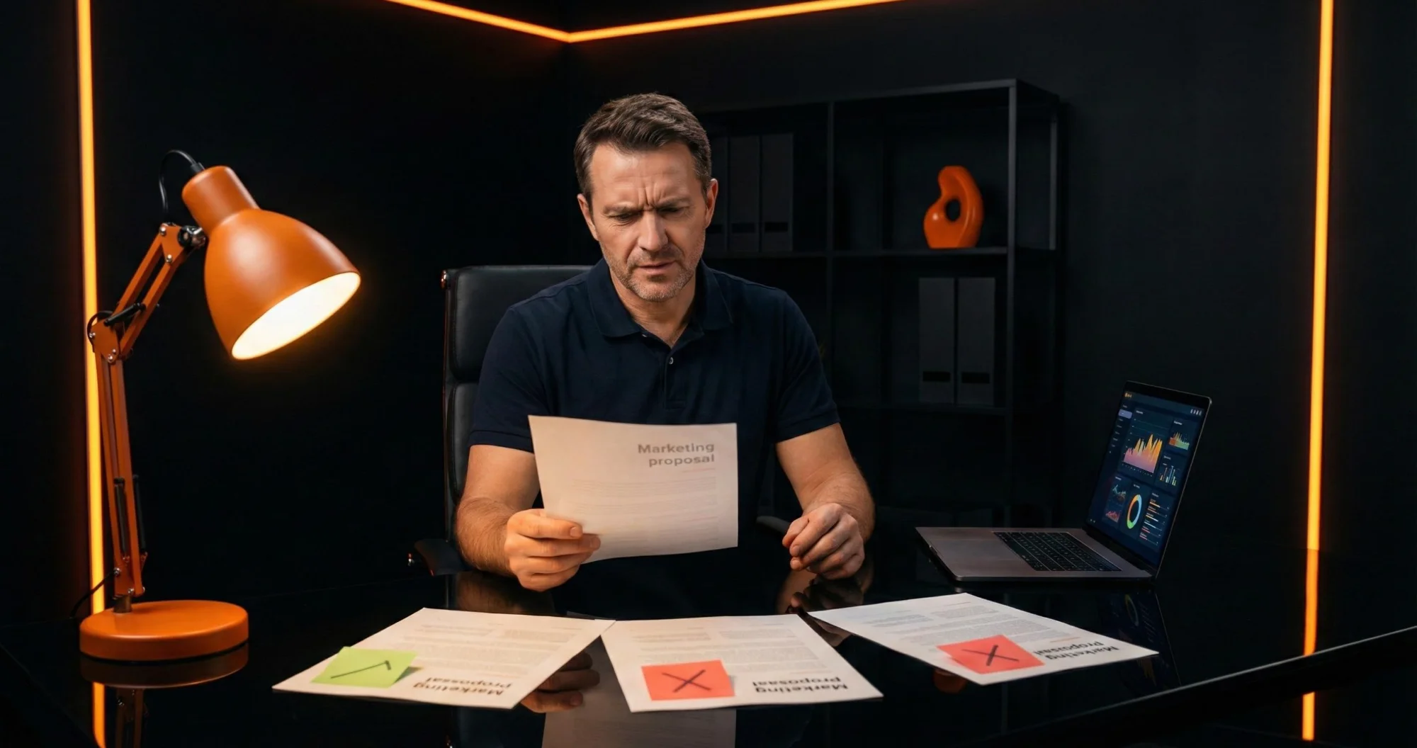 Contractor evaluating marketing proposals in dark office with orange accent lighting