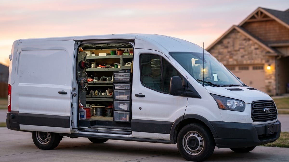 Contractor work van parked in a driveway at dawn with the side door open showing organized tools and material bins, phone mounted on the dash, pink and blue sky overhead