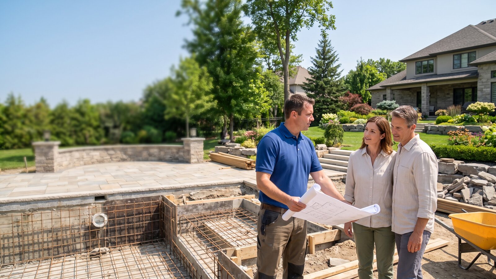 Pool builder reviewing backyard pool design plans with homeowners at an in-progress premium inground pool project