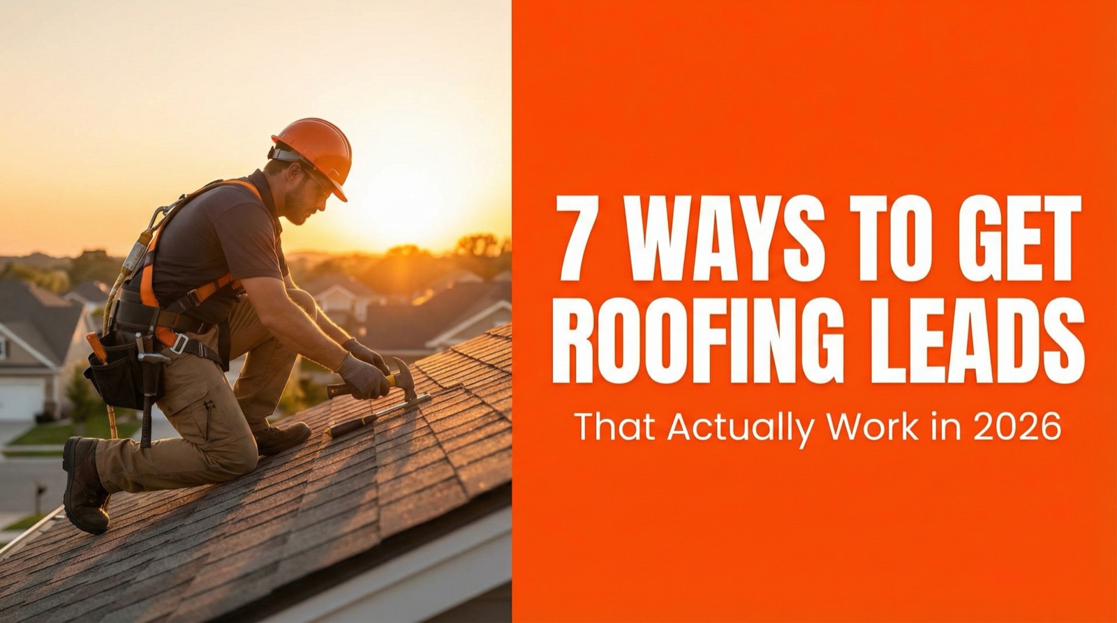 7 ways to get roofing leads that actually work in 2026 - contractor on roof at golden hour