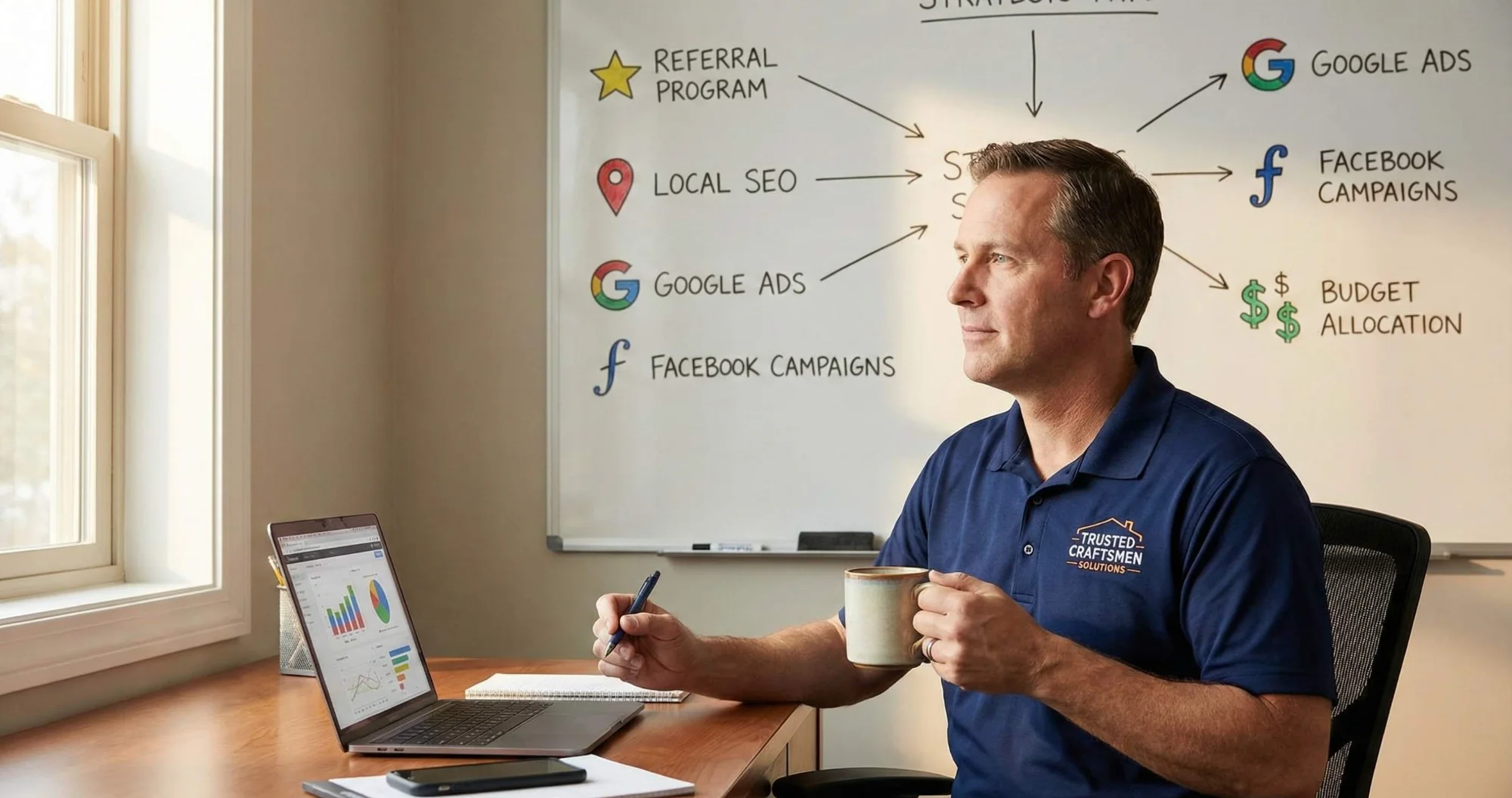 Contractor planning lead generation strategy with whiteboard showing referral program, local SEO, Google Ads, and Facebook campaigns