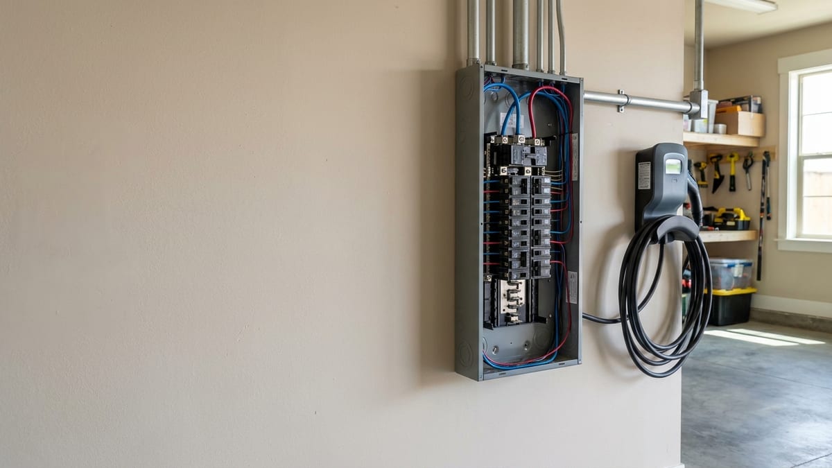 Garage wall with a newly installed 200-amp load center, cover off showing labeled breaker rows and neat wire dressing, an EV charging unit mounted beside it with the cable coiled on its holster and conduit running along the wall