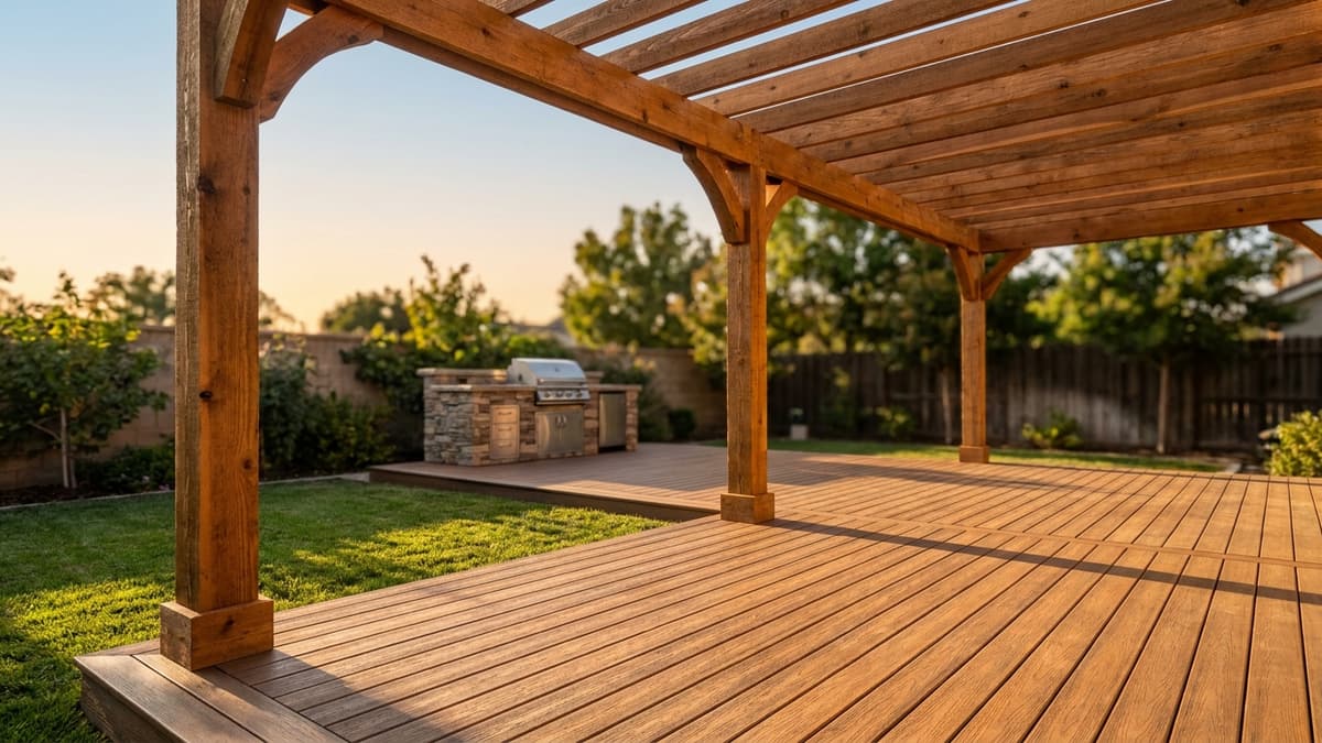 Backyard composite deck with a cedar pergola overhead casting striped shadows and a built-in grill island at the far end in warm late-afternoon light