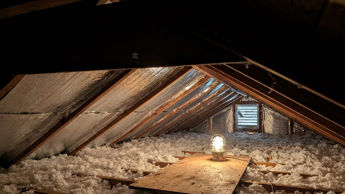 Attic interior with reflective radiant barrier foil stapled under the rafters, fresh blown-in insulation across the joists, and a work light sitting on the attic floor