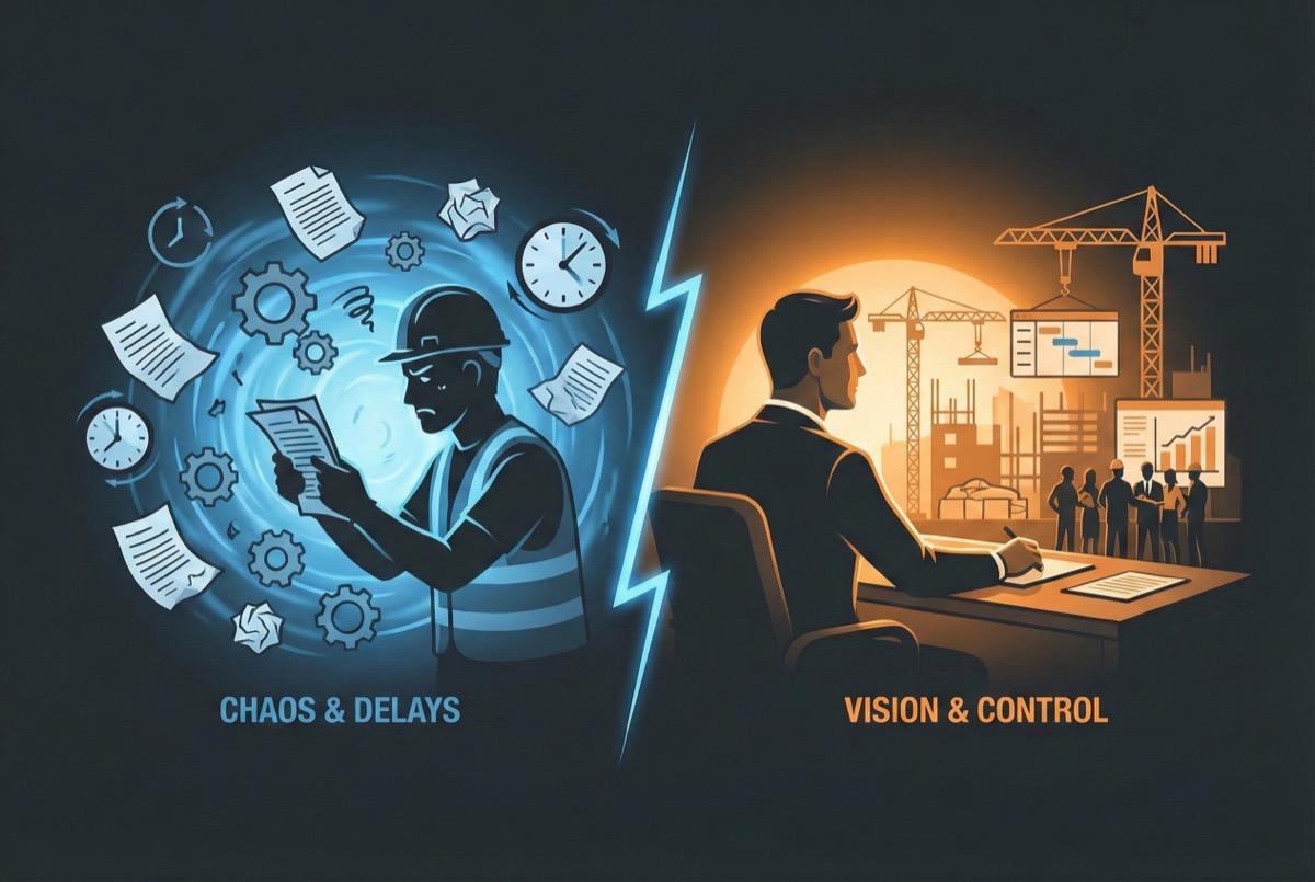 Split illustration showing contractor transformation from chaos and delays to vision and control