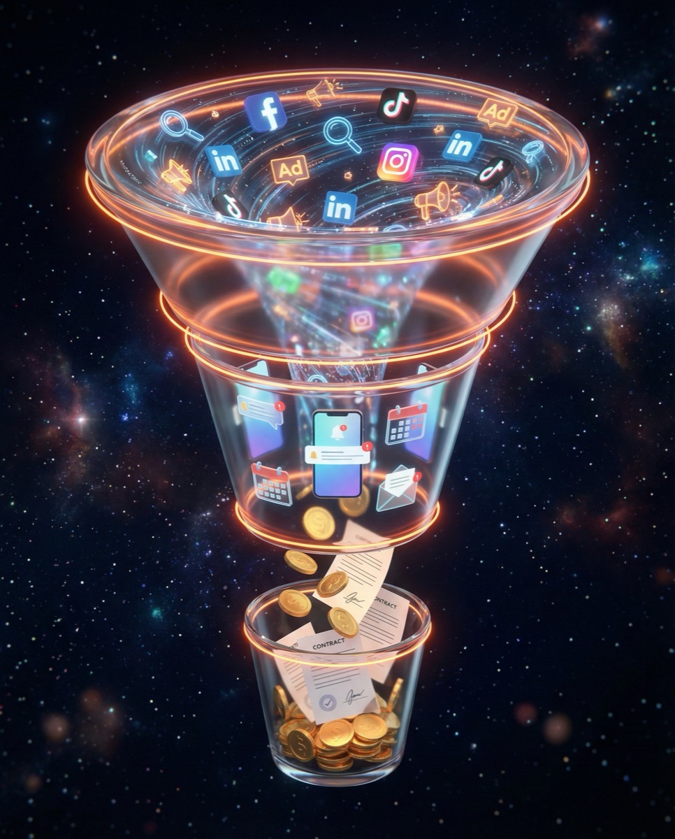 Modern marketing funnel visualization showing leads converting to appointments and contracts