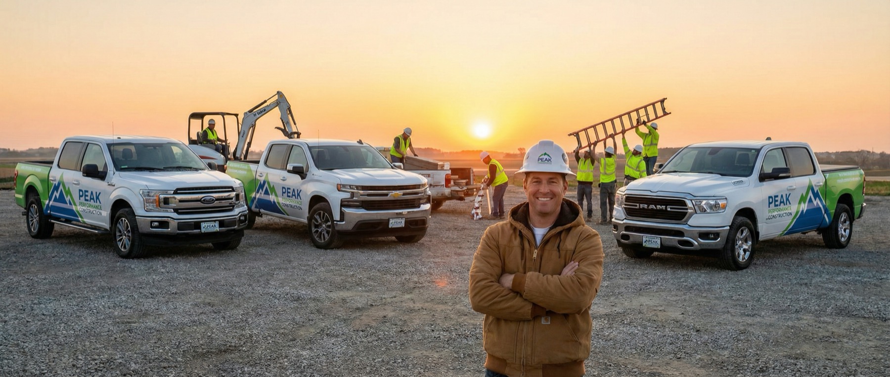 Successful contractor standing proudly in front of company fleet at sunrise - representing the end goal of scaling
