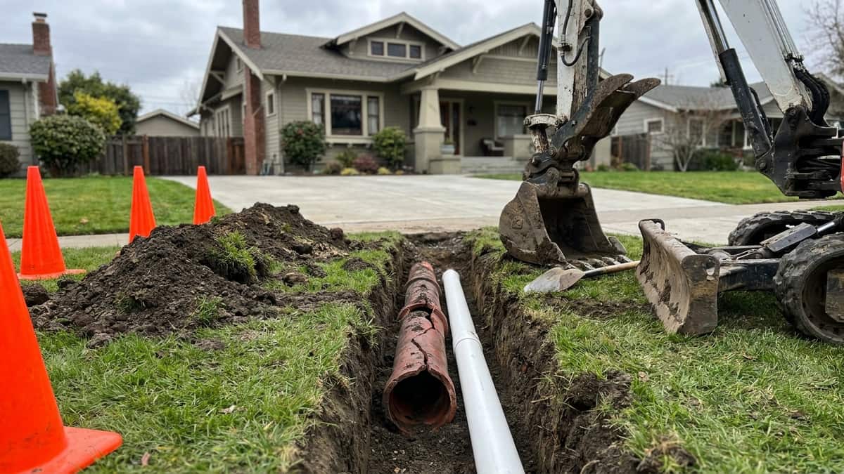 Front-yard excavation trench with a section of old clay sewer pipe exposed beside new white PVC, mounded dirt and orange safety cones on the grass, and a mini excavator bucket resting at the trench edge under an overcast sky
