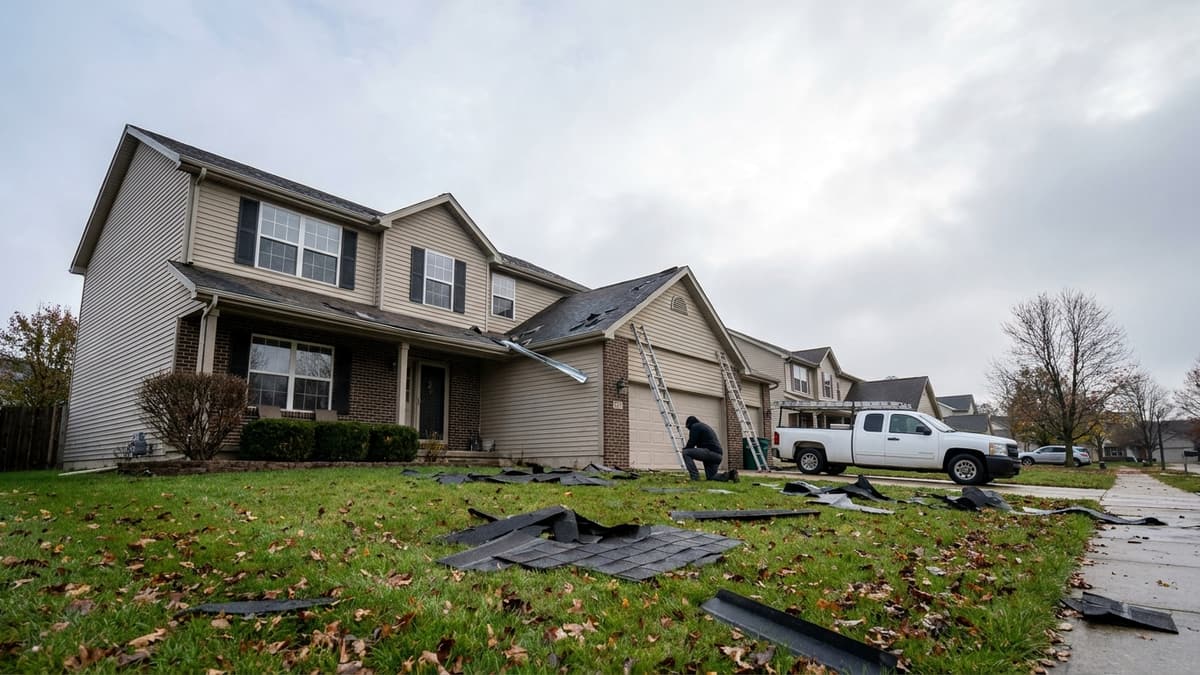 Two-story suburban home the morning after a hailstorm with torn asphalt shingles and ridge cap pieces scattered across a wet lawn and a dented gutter under a clearing gray sky