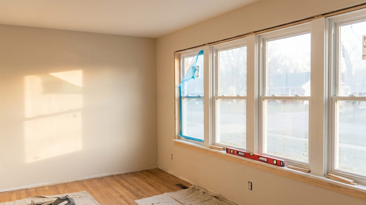 Bright living room with a wall of newly installed white double-hung windows, protective film peeled back at one corner, a level and shims resting on the sill in morning light