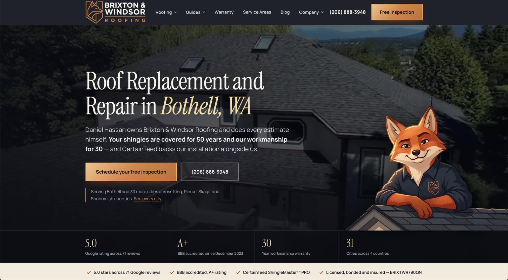 Brixton & Windsor Roofing website homepage built by Minyona - Bothell, Washington roof replacement and repair site with 66 pages covering 31 cities across King, Pierce, Skagit, and Snohomish counties