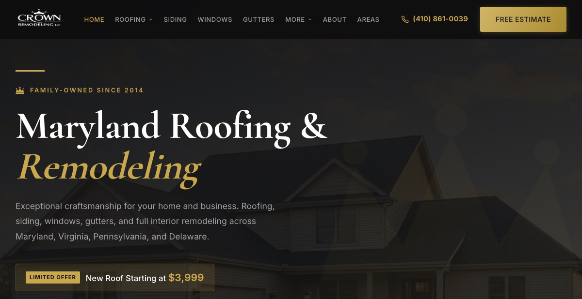 Crown Remodeling LLC Maryland roofing and remodeling website homepage built by Minyona - 1,086 pages covering 151 cities across 4 states with full AI and SEO optimization