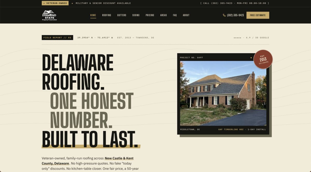 Diamond State Property Preservation Delaware roofing contractor website homepage built by Minyona - 56 pages covering roofing, gutters, and siding across 15 cities in New Castle and Kent County with veteran-owned design and full AI optimization