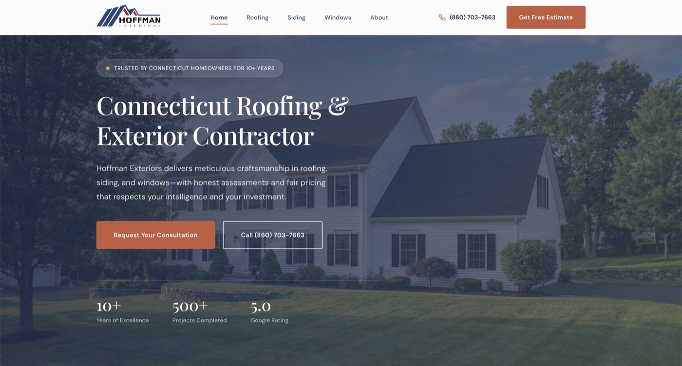 Hoffman Exteriors CT website desktop view - roofing, siding, and window contractor website designed by Minyona