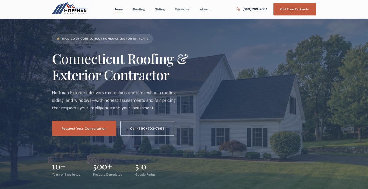 Hoffman Exteriors Connecticut roofing contractor website homepage built by Minyona - custom SEO and AI optimized site with 90+ PageSpeed score