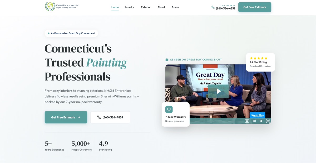 KMM Enterprises Connecticut painting contractor website homepage built by Minyona - AI optimized with structured data and 28 location pages