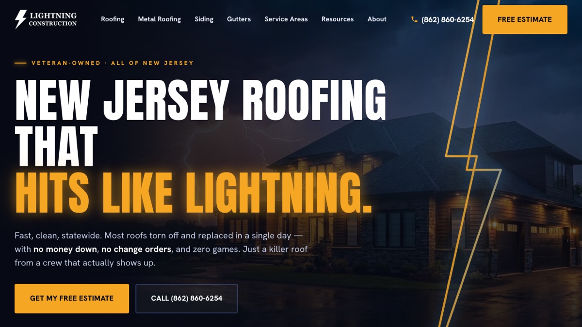 Lightning Construction NJ roofing contractor website homepage built by Minyona - 2,379 pages covering roofing, metal roofing, siding and gutters across all 582 municipalities in all 21 New Jersey counties, with a distinctive storm-and-lightning design and full AI and SEO optimization