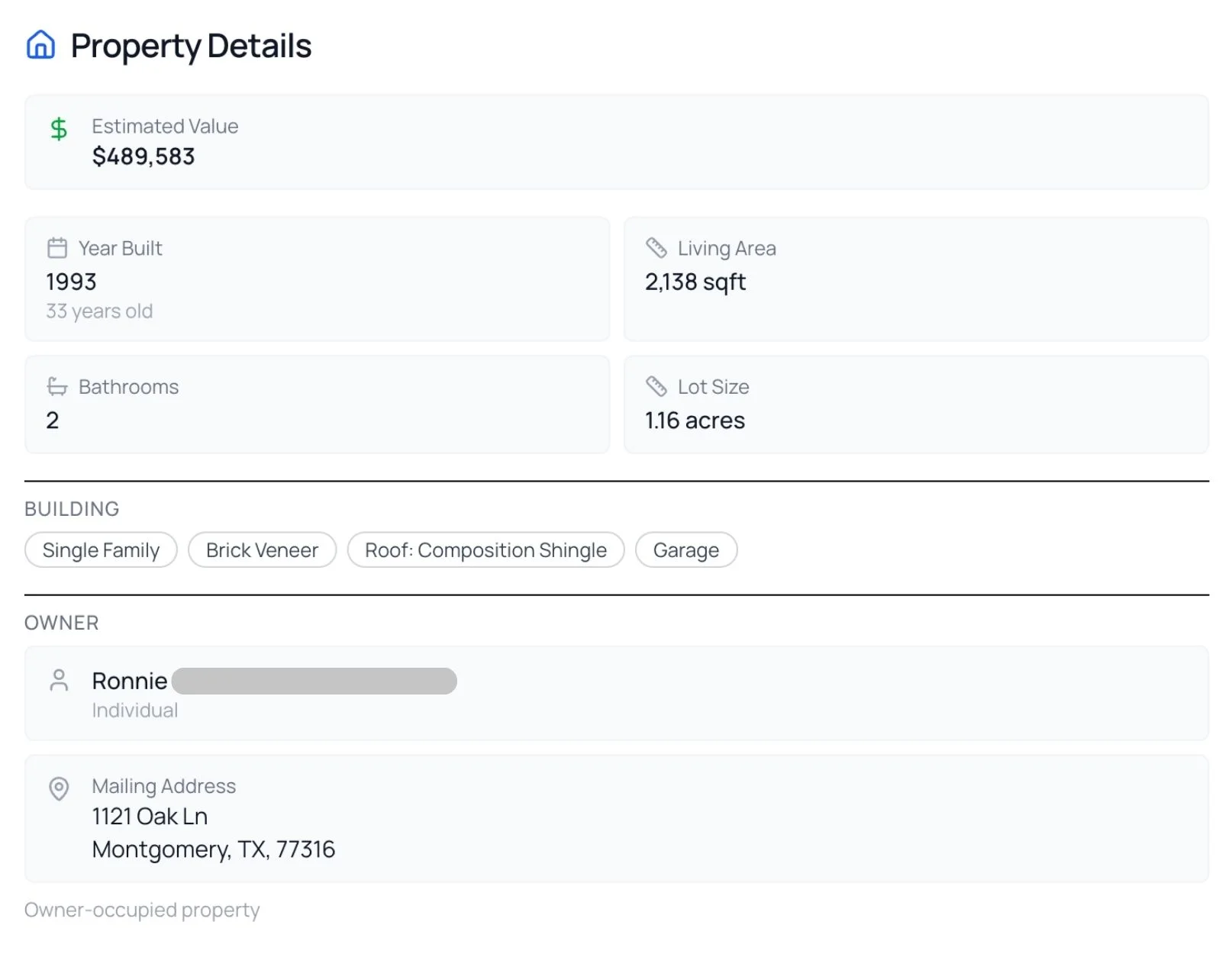 Minyona property intelligence showing estimated home value, year built, living area, bathrooms, lot size, roof type, exterior material, owner name, mailing address, and owner-occupied status on every contractor lead