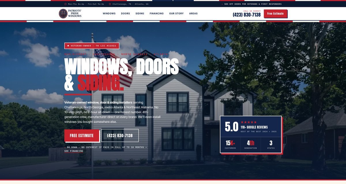 Patriots' Pride Windows veteran-owned windows, doors and siding website homepage built by Minyona - 327 location pages covering 109 cities in Tennessee, Georgia, and Alabama