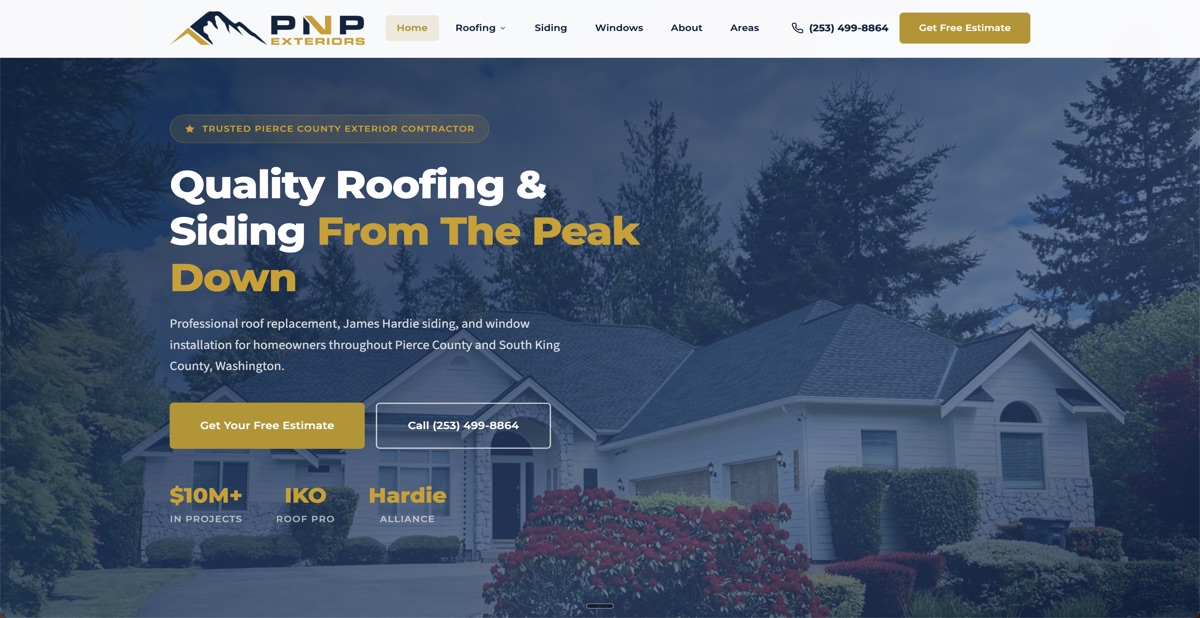 PNP Exteriors Washington roofing and siding contractor website homepage built by Minyona - 132 pages covering 5 services across 24 cities in Pierce County and South King County
