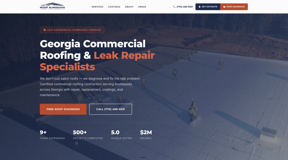 Roof Surgeons Georgia commercial roofing website homepage built by Minyona - featuring interactive roof diagnosis tool, 9 city location pages, and commercial-focused SEO