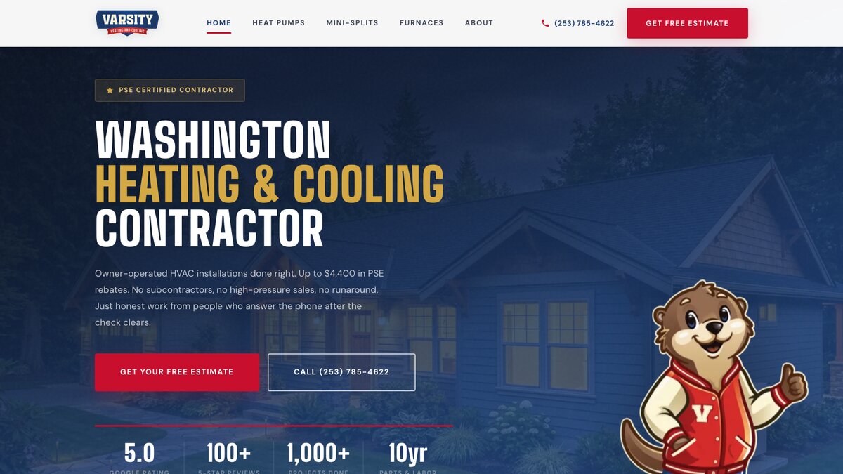 Varsity Heating and Cooling HVAC contractor website homepage built by Minyona - collegiate varsity design with otter mascot, heat pump and mini-split specialist serving the Puget Sound region of Washington with 270 location pages and PSE rebate positioning